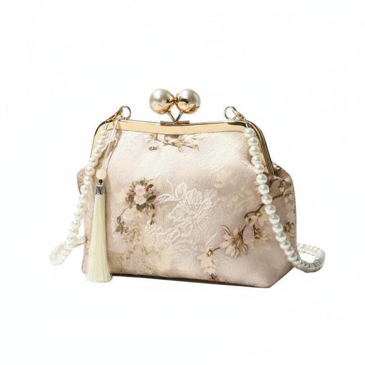 Floral Embroidery Pearl Chain Crossbody Bag Elegant Pearl Chain Handbag Vintage Design for Women, Party, Evening, Wedding