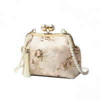 Floral Embroidery Pearl Chain Crossbody Bag Elegant Pearl Chain Handbag Vintage Design for Women, Party, Evening, Wedding