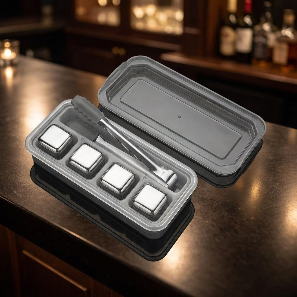 Storage Box with 12 Reusable Chilling Cubes for Home Bar, Stainless Steel Whisky Stones Gift for Him and Men, Food Grade Chilling Rocks