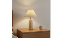 Retro Design Travertine Table Lamp Textile Lampshade Stone Base Desk Lamp for Bedroom, Living Room, Office