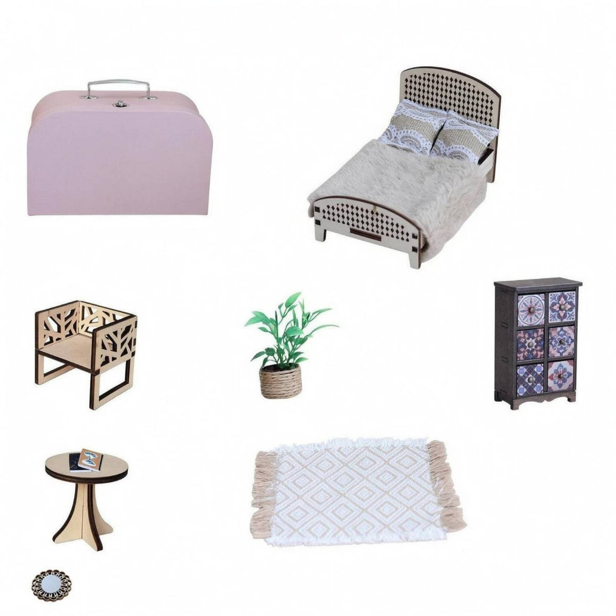Suitcase Dollhouse Metal Handle Miniature Room Set Decorative