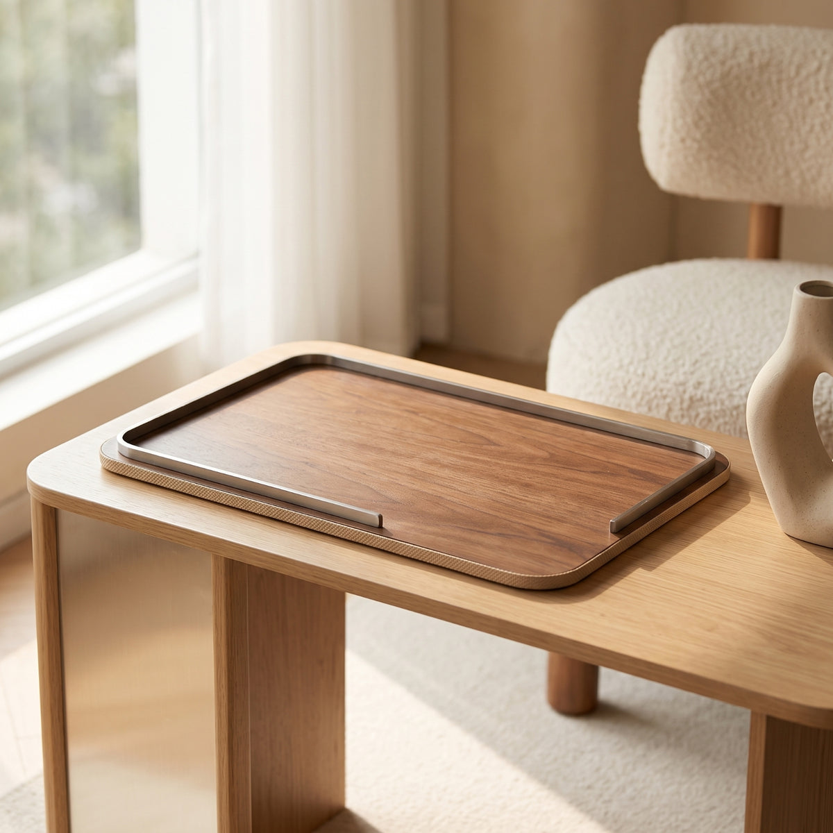 Wood Tray with Metal Rim Low-Profile Rectangular Tray with Rounded Corners Practical for Coffee Table