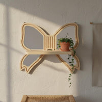 Decorative Butterfly Mirror Shelf Wood Finish Mirror Wall Decor Shelf Space Saving for Bedroom, Entryway