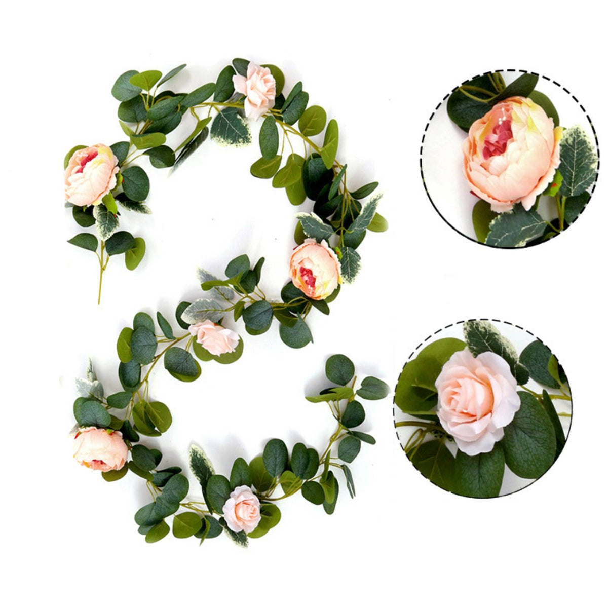 Artificial Rose Vine with 36 Champagne Pink Peony Heads for Home and Outdoor Decor