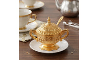 Ornate Sugar Bowl with Lid and Spoon Vintage-Style Sugar Bowl with Spoon Gold-Colored Elegant Embossed for Collectors