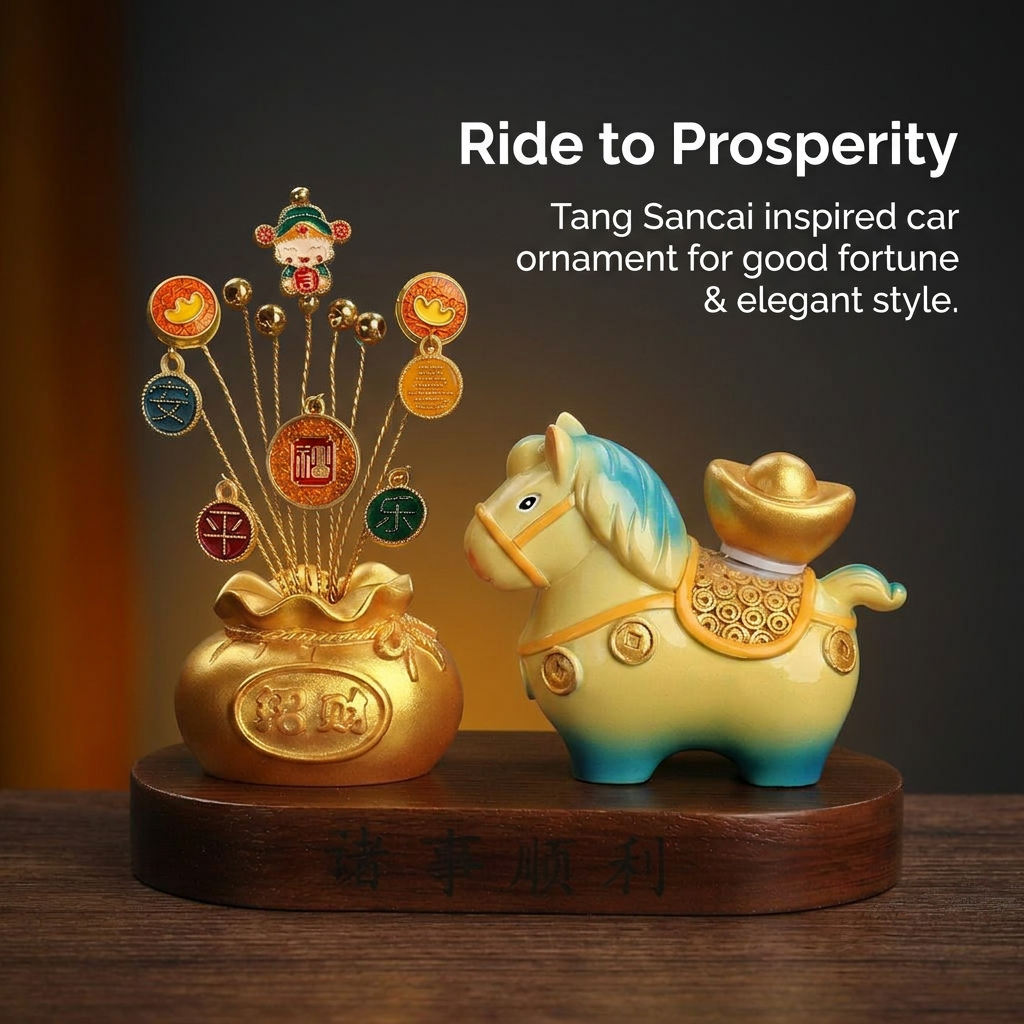 Rotating Horse Car Ornament for Dashboard, Resin Figurine with Wooden Base, Interior Decoration for Vehicle