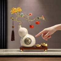 Gold-Tone Gourd Ornament with Wooden Base Traditional Ceramic Gourd Artisanal Statue Glossy for Homeowners, Living Room, Housewarming