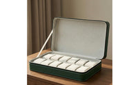 PU Leather Zippered Watch Storage Bag Green Hard Case Watch Organizer Contrast Stitching
