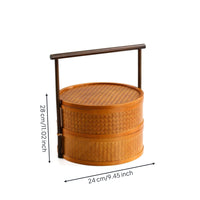 Handmade Double-Layer Bamboo Basket Natural Basket with Handle and Lid Vintage Multi-Purpose for Tea Lovers