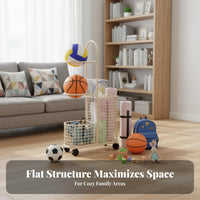 360° Rotating Wheels Basketball Storage Rack Space-Saving Multi-Tier Sports Equipment Rack Large Capacity Rolling Sports Equipment Cart Stable Design for Families, Kids, Home Gym, Playroom, Basement