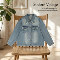 Women Oversized Denim Jacket with Frayed Edge Detail, Long Sleeve Ladies for Spring, Soft Washed Blend Finish