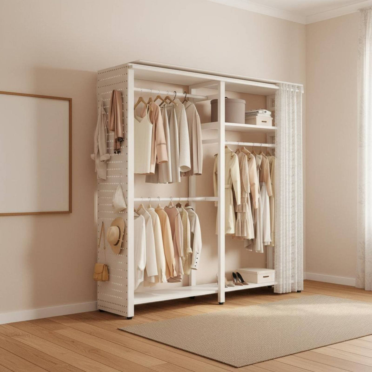 Modular Clothes Rack with Pegboard Heavy Duty Metal Garment Rack with Shelves Sturdy and Sturdy Freestanding Wardrobe System Organizer for Homeowners