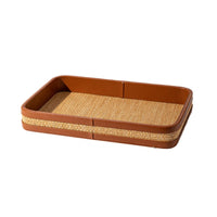 Woven Tray with Leather edge Structured Woven Grass Tray for Entryway