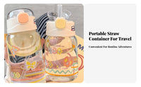 Cute Design Glass Water Bottle with Time Marker Heat and Cold Resistant Borosilicate Glass Bottle with Straw Safe for Home, Outdoor, Gym
