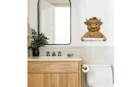Drill-No-Drill Installation Highland Cow Toilet Paper Holder Decorative Cute Cow Paper Roll Dispenser Ideal Gift Funny Creature Tissue Holder Easy to Clean for Children, Powder Room, Cabin, Kitchen