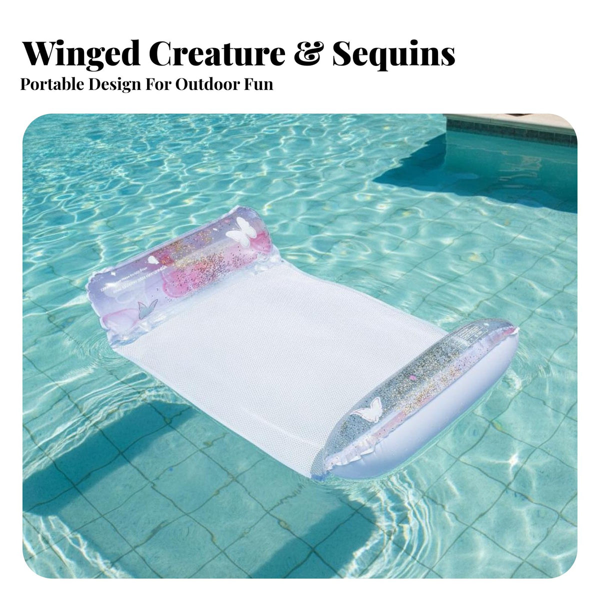 Foldable Inflatable Mesh Pool Buoyant Lounger Ergonomic Headrest Glitter Butterfly Water Lounger Long-Lasting PVC for Adults, Teens, Beach
