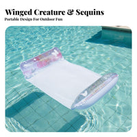 Foldable Inflatable Mesh Pool Buoyant Lounger Ergonomic Headrest Glitter Butterfly Water Lounger Long-Lasting PVC for Adults, Teens, Beach
