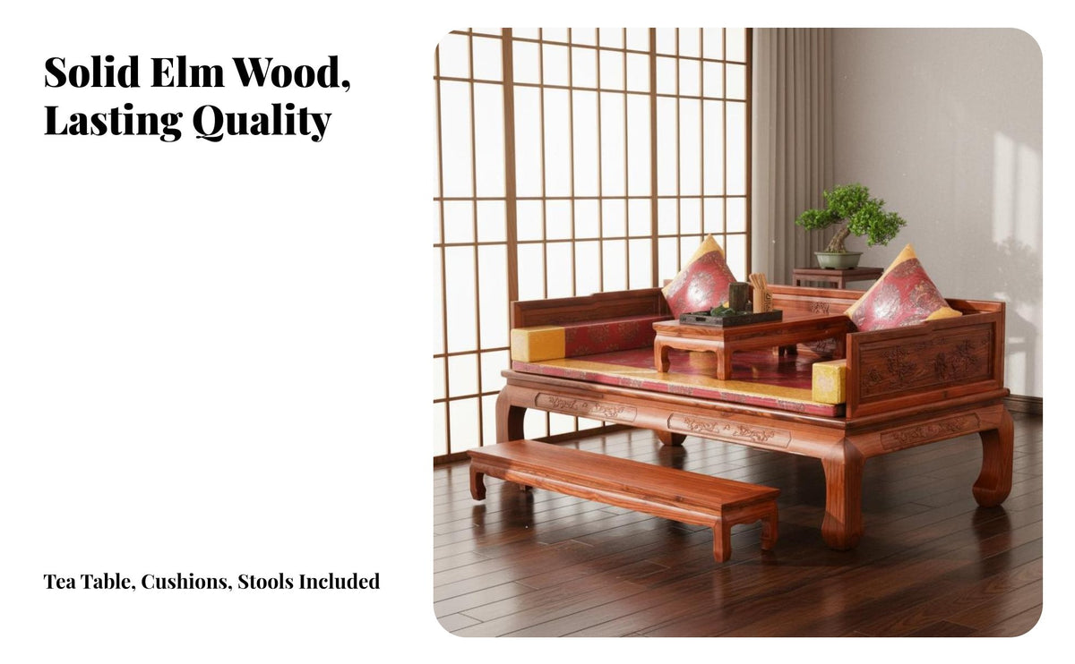 Chinese Arhat Bed Tiger Leg Design Traditional Elm Wood Daybed Tranquil Influenced Solid Wood Carved Couch for Tea Enthusiasts, Homeowners, Reception