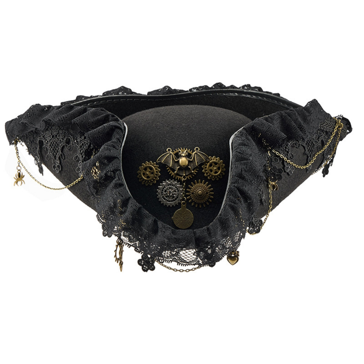 Tricorn Hat with Lace Trim Wide Brim Gothic Tricorn Hat Structured for Cosplayers, Photo Shoots