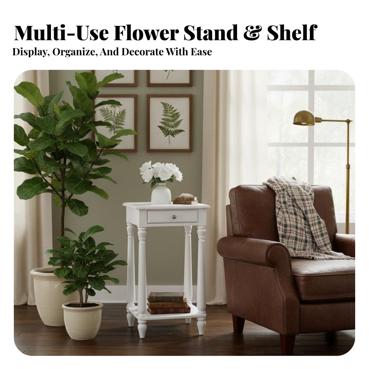 Solid Wood Floor Standing Flower Pot Holder 2-Tier Design Tall Wooden Plant Stand Narrow End Table with Drawer for Living Room, Balcony, Bedroom, Entryway