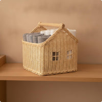 House-Shaped Basket Handwoven rattan Basket with Handle Decorative for Kids, Tabletop, Bookshelf, Nursery