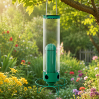 Bird Feeder House with Feed Silo, Hanging Bird Feeder Dispenser Made of Green Metal, for Garden & Balcony, Easy to Clean