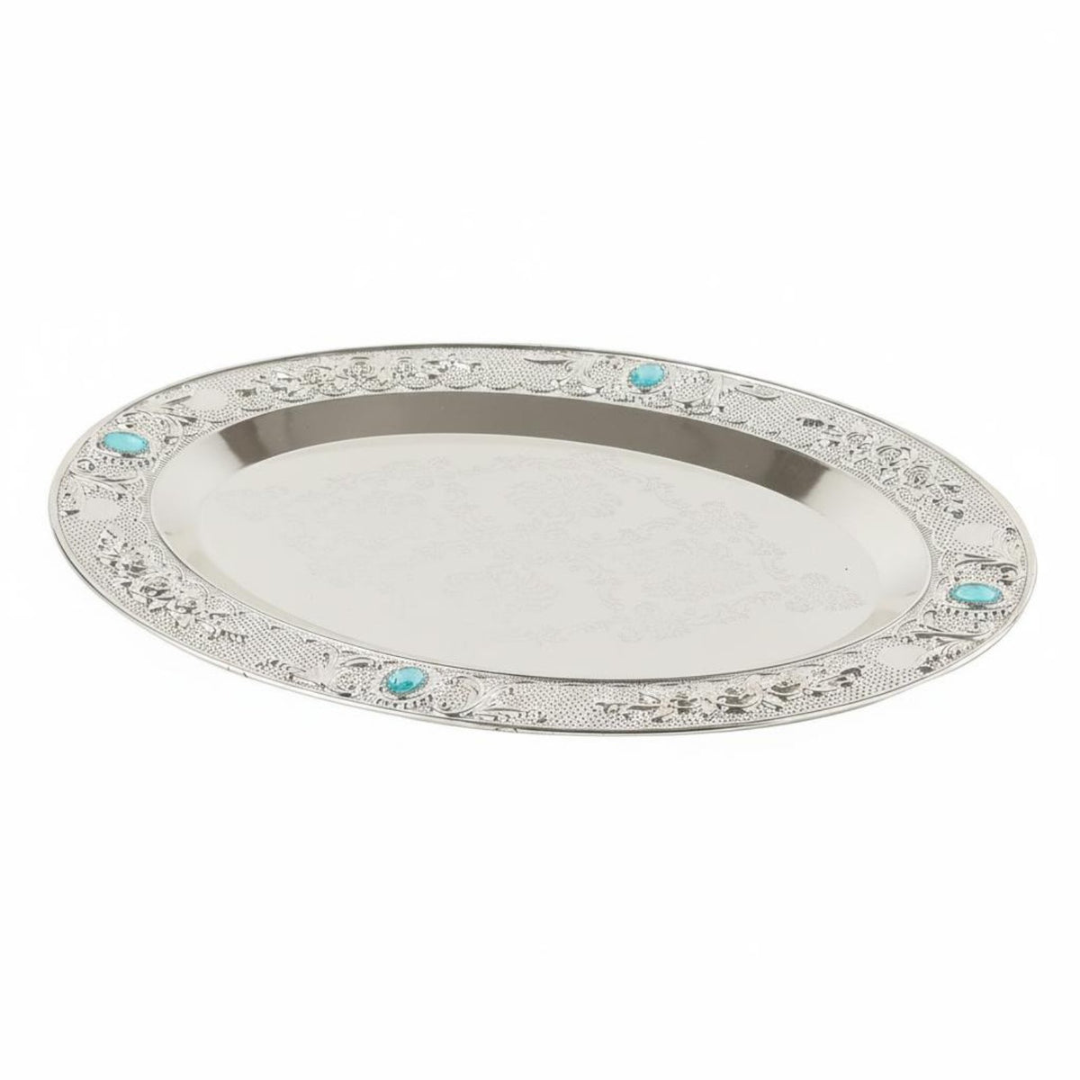 Jewel Accents Decorative Serving Tray Engraved Floral Design Decorative Oval Tray Mirror Polished Silver Embossed Platter Food Grade