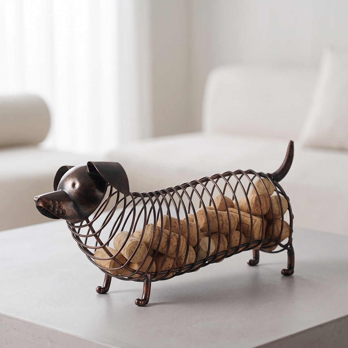 Dachshund Figurine Tabletop Wire Sculpture with Corks Vintage-Evocative Dog Figurine for Home Bar, Shelf