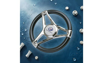 Marine Steering Wheel Black rims 3 Spoke Boat Steering Wheel Polished Metal for Boats, Yachts