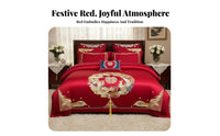 4 Pieces Festive Red Color Embroidered serpent and firebird Bed Linen Traditional Wedding the couplee Bedding Set Auspicious Design Bedroom Linens plush texture for Newlyweds, Gift Givers, Families, Bridal Room