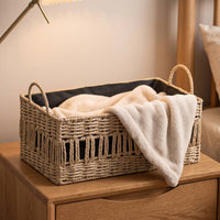 Braided Container Basket with Handles Rectangular Braided Straw Basket with Lining Stylish for Closet