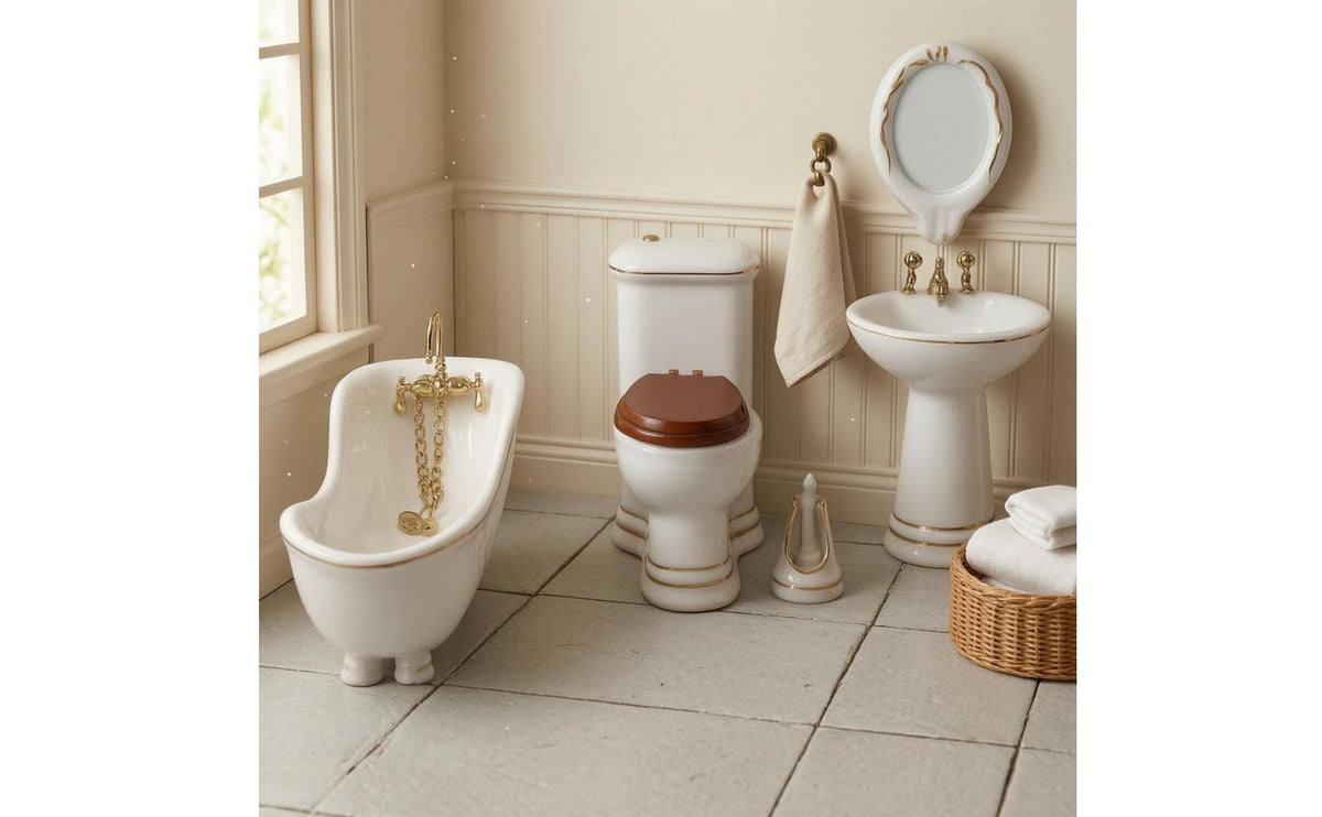 1/12 Dollhouse Lavatory Set Gold Trim Miniature Ceramic Lavatory Set Detailed Finish