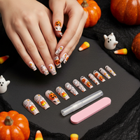 Halloween Medium-Long Press-On Nails with Pumpkin Ghost Candy Corn Designs, 24pcs Detachable Set