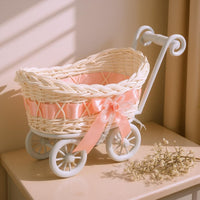 Handwoven Trolley Basket Rolling Wheels Woven Basket Pink Satin Bow Decorative Wagon uncoveredTop for Candy Holder, Small Item Storage