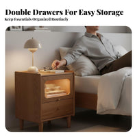 Minimalist design aesthetic Bedside Table with Integrated Light Modern stylish Nightstand Fluted Glass Drawer Storage Cabinet tactile-sensitive control for Design aficionados, Homeowners, Students, Bedroom, Guest Room, Home Office