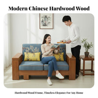 L-Shaped Wooden Sectional Solid Wood Frame Modular Sofa Set with Storage Ottoman New Chinese Design Living Room Seating for Small Areas, Lounge Area