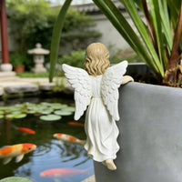 Resin Angel Flower Pot Figurine Feathered Wings Rim Perch Figurine Long Wavy Hair Flower Pot Hanger Draped Dress for Patio, Balcony