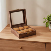 Display-Style Watch Storage Box with Transparent Lid Wood-Grain 6-Slot Watch Organizer Compact Soft for Dresser