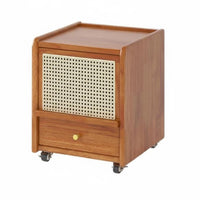 Mobile with Wheels Rattan Nightstand Narrow Design Rolling Rattan-Front Cabinet Small Footprint Bedroom Furniture Solid Wood Legs for Apartment Dwellers, Homeowners, Students, Dorm Room, Hallway, Away Ice