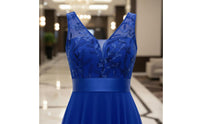 Embroidered Tulle Gown Flowy V-Shaped Neckline long Dress Waist Sleeveless Evening Gown for Wedding