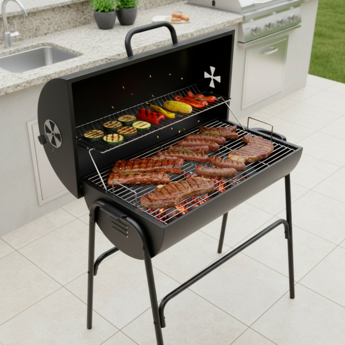 Outdoor Charcoal Grill with Bottom Shelf Sturdy Charcoal Grill with Wheels Heat-Resistant Heavy-Duty for Homeowners, Campers, Backyard, Patio, Camping