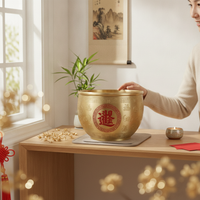 Decorative Fortune Pot Brass-Colored Lidded Decorative Pot Traditional Style