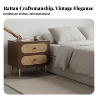 Cane Front Nightstand Rattan Weave Detail Storage Nightstand with Wood Legs Minimalist Design Bedside Table for Renters, Small Areas, Hallway, Office