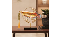 Feng Shui Arowana Creature Ornament Auspicious Arowana Sculpture with Tassel Fortunate Creature Statue with Base Golden for Business Owners