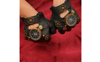 Gold-Tone Gear Details Steampunk Fingerless Gloves Compass Dial Black Leather Fingerless Gloves Textured Finish