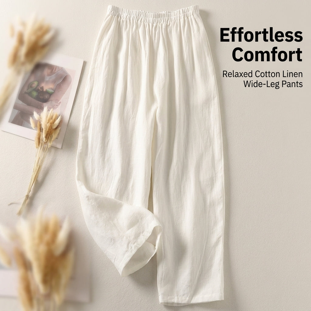 Linen Trousers Womens Wide Leg with High Waist Elastic Band, Blend Summer for Casual Wear, Cropped Harem Pants UK