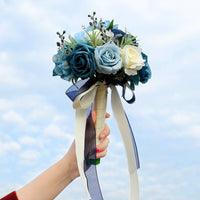 Realistic Look Blue and Ivory Blossom Flower Arrangement Elegant Design Faux Blossom Wedding Flower Arrangement Long-Lasting Keepsake Handheld Flower Arrangement Reusable for Brides, Bridesmaids, Photography Prop, Party, Home Decor