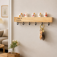Black Wood Key Holder, 6 Hook Key Hanger Wall Mount, Adhesive Hook for Keys Wallets, 20-30 kg Capacity, Metal