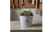 Distressed White Hanging Flower Pot Bird Motif Iron Flower Pot Rope Handle Metal Bucket Planter Printed Text