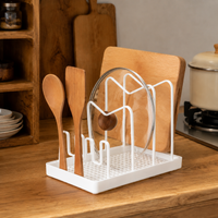 Ivory Metal Utensil Holder, 1 Layer Kitchen Utensil Storage Pot, Pot Lid Holder with Drain Tray, 25.5×15×16cm Countertop Organiser